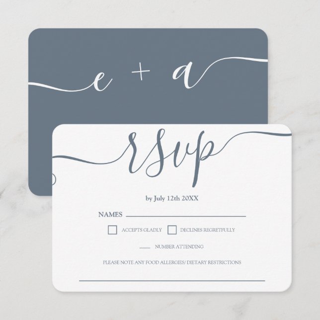 Simple dusty blue wedding rsvp monogram card (Front/Back)
