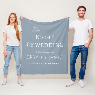 Simple Dusty Blue & White Name Date Wedding  Fleece Blanket