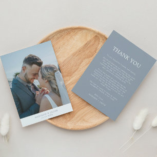 Simple Dusty Blue With Photo Wedding Thank You Card