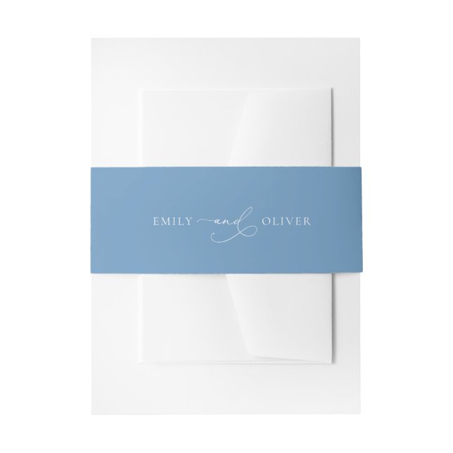 Simple Dusty Blue with White Wedding Invitation Belly Band (Front Example)