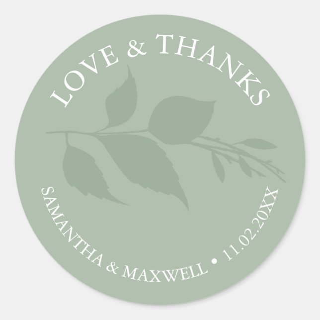 Simple Dusty Green Leaves Thank You Wedding Classic Round Sticker (Front)