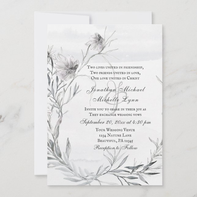 Simple Dusty Grey Pencil Flowers Christian Wedding Invitation (Front)