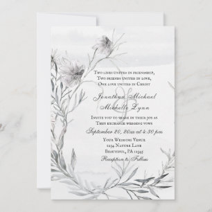 Simple Dusty Grey Pencil Flowers Christian Wedding Invitation