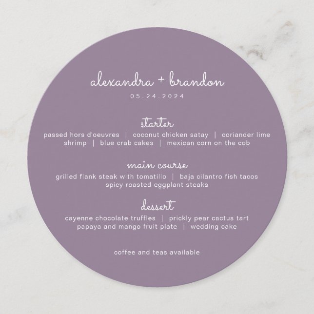 Simple Dusty Lilac Round Wedding Menu (Front)