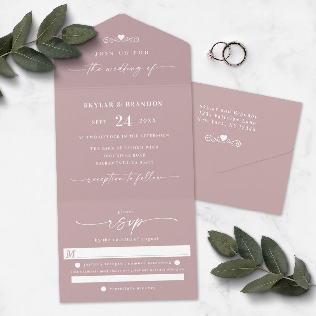 Simple Dusty Mauve Elegant Calligraphy Wedding All In One Invitation (Creator Uploaded)