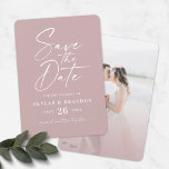 Simple Dusty Mauve Pink with Script Photo Wedding Save The Date<br><div class="desc">Simple Dusty Mauve Pink with Script Photo Wedding Save The Date Cards. This modern yet classic design is minimalistic and elegant with a simple solid colour and beautiful calligraphy signature script text. Shown in the new colorway. Also features an optional custom couple's photograph on the back side. Or simply hide...</div>