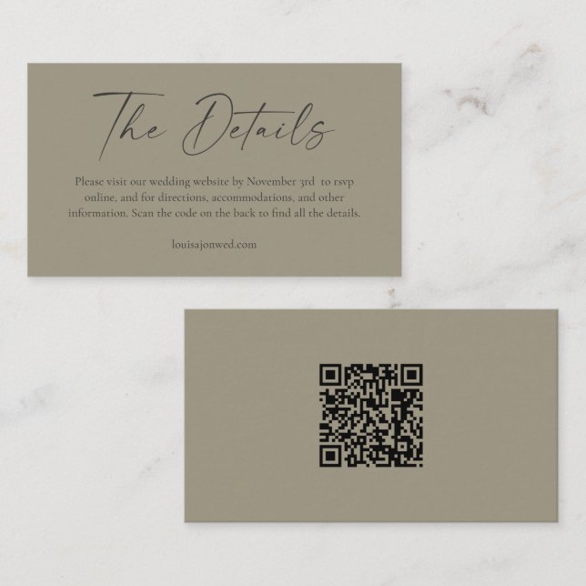 Simple Dusty Olive Modern Script Wedding QR Code Enclosure Card (Front/Back)