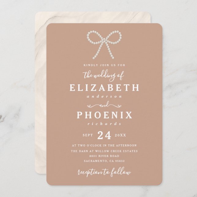 Simple Dusty Peach Pearl Bow Trendy Wedding Invitation (Front/Back)