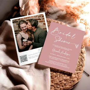 Simple Dusty Pink Boho Bridal Shower QR Code Photo Invitation