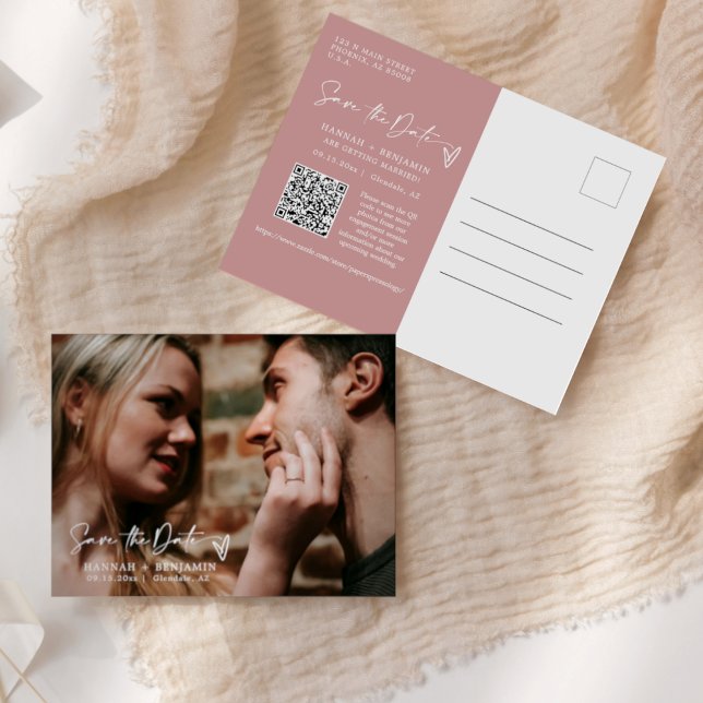 Simple Dusty Pink Boho Save the Date QR Code Photo Postcard (Creator Uploaded)