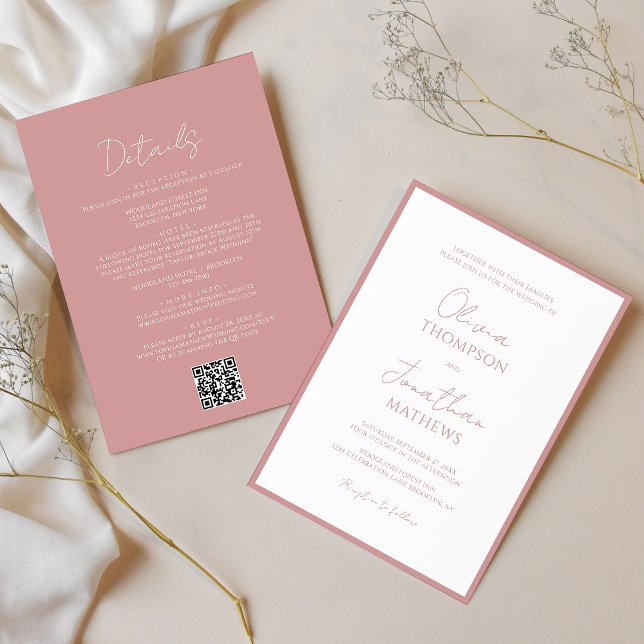 Simple Dusty Pink Border Script QR Code Wedding Invitation (Creator Uploaded)