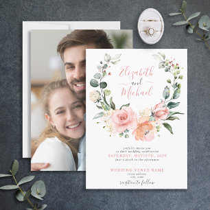 Simple Dusty Pink Floral Wreath Photo Wedding Invitation