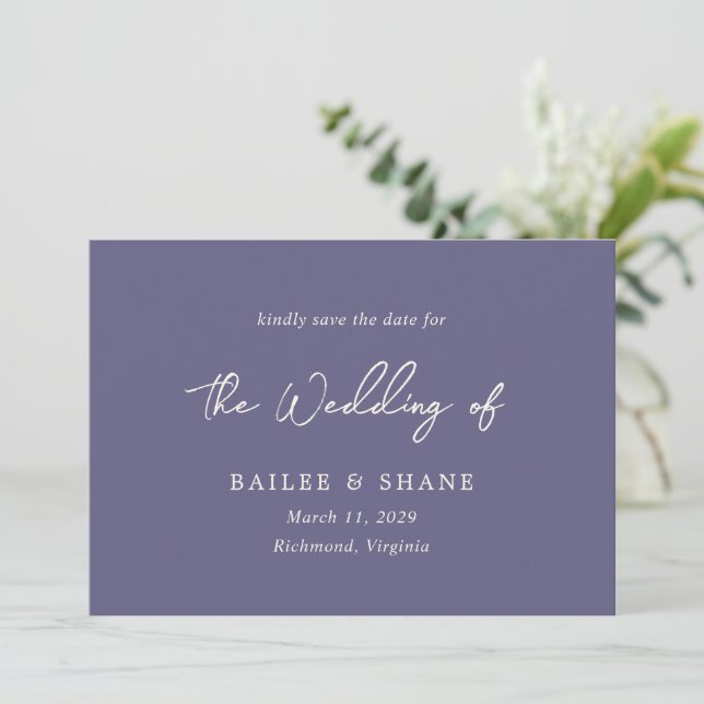 Simple Dusty Purple Modern Wedding Save The Date (Standing Front)