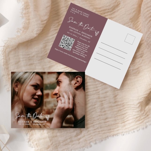 Simple Dusty Purple Save the Date QR Code Photo Postcard (Creator Uploaded)