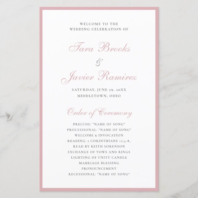 Simple Dusty Rose Elegant Formal Wedding Program (Front)