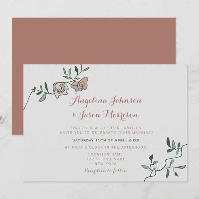 Simple Dusty Rose Greenery Wedding Invite (Front/Back)