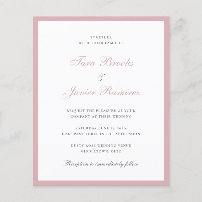 Simple Dusty Rose Pink Budget Wedding Invitation (Front)
