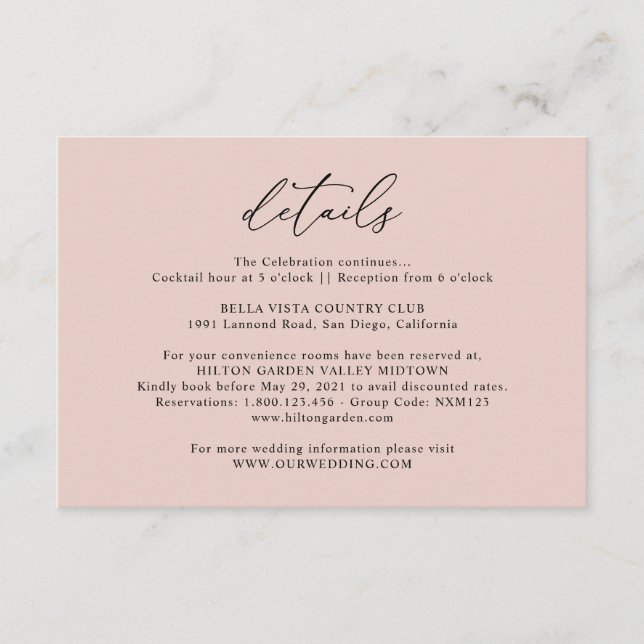 Simple Dusty Rose Pink Details Wedding Enclosure Card (Front)