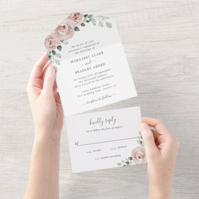 Simple Dusty Rose Pink Floral Elegant Wedding All In One Invitation (Tearaway)