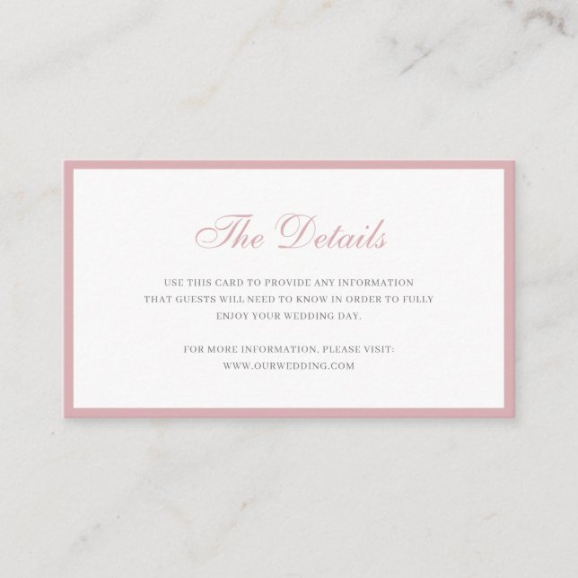 Simple Dusty Rose Pink Formal Wedding Details Encl Enclosure Card (Front)