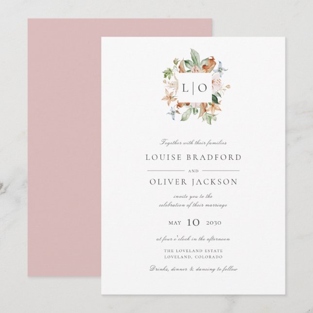 Simple Dusty Rose Watercolor Monogram Wedding Invitation (Front/Back)