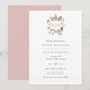Simple Dusty Rose Watercolor Monogram Wedding Invitation