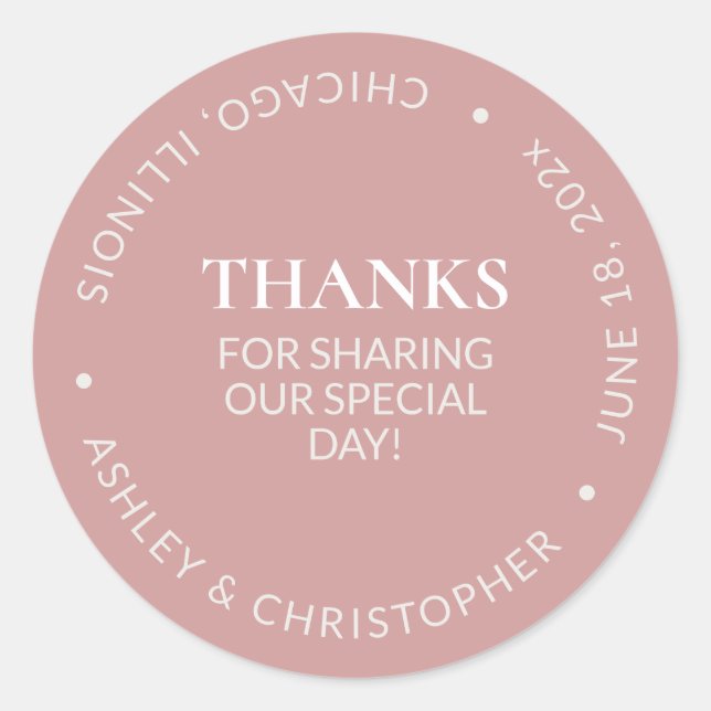 Simple Dusty Rose Wedding Thank You Classic Round Sticker (Front)