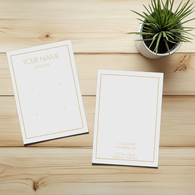 Simple earring display card (White double earring display card with cold text and thin gold border)