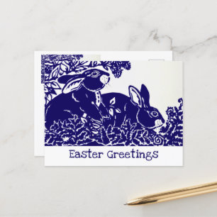 Simple Easter Rabbit Blue White Woodland Minimal Holiday Postcard