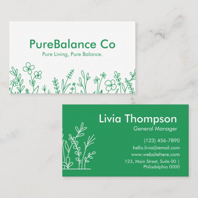 Simple Eco Friendly Lively Green White Floral Business Card (Front/Back)