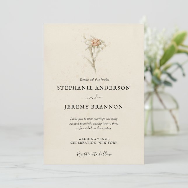 Simple Edelweiss Floral Wedding Invitation (Standing Front)