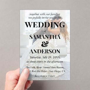 Simple Editable Black White Overlay Photo Wedding Acrylic Invitations