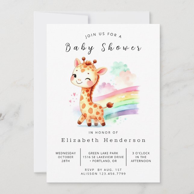 Simple Editable Giraffe Baby Shower Invitation (Front)