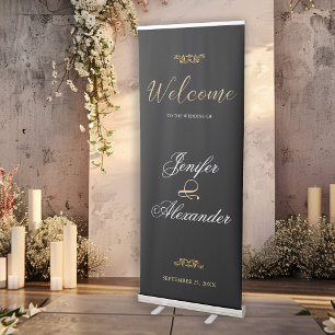 Simple editable luxury black gold welcome wedding retractable banner