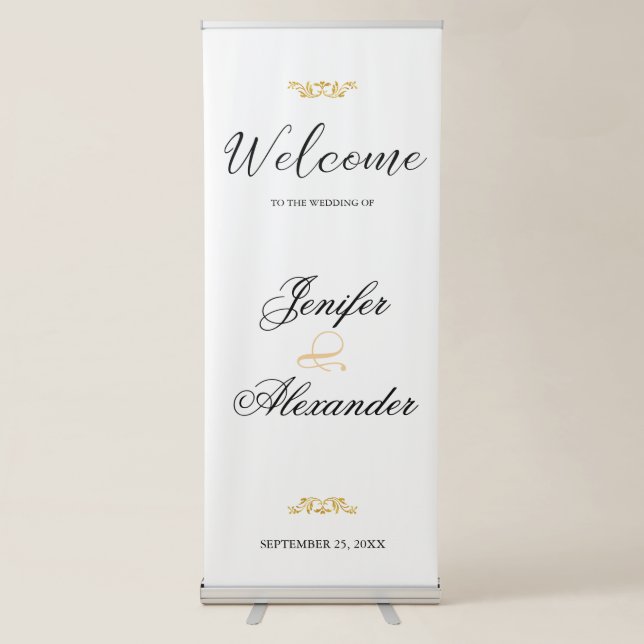 Simple editable luxury white gold welcome wedding retractable banner (Front)