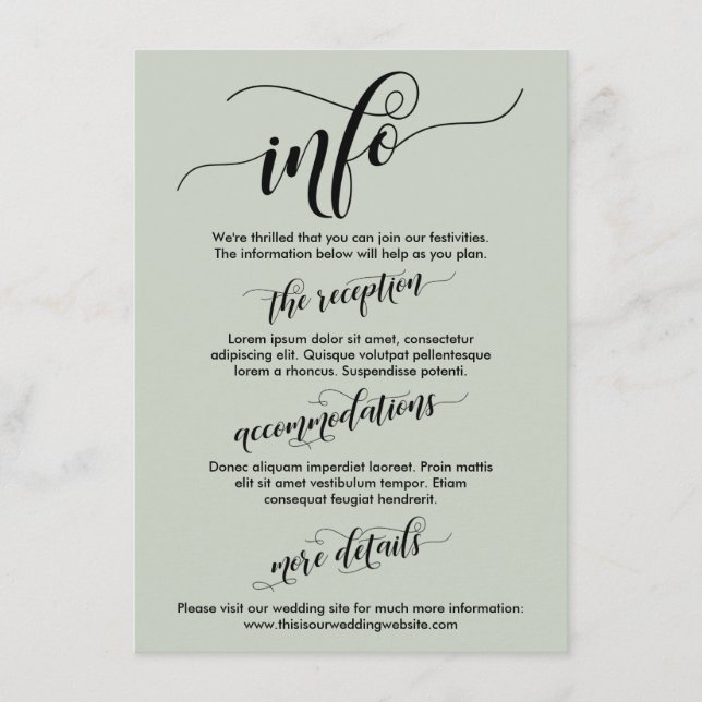 Simple Elaborate Script Wedding Info Sage Green Enclosure Card (Front)