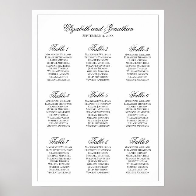 Simple Elegance 9 Table Wedding Seating Chart (Front)