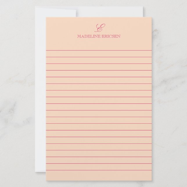 Simple Elegance Apricot Fuchsia Monogram Lined Stationery (Front)