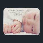 Simple Elegance Baby Photo Birth Announcement Magnet<br><div class="desc">Announce your new baby boy or girl to family and friends in style with this simple and classic photo birth announcement. Features an elegant charcoal grey text overlay on the front featured photo, and three square photos on the back of the card with text that can be personalised. Use the...</div>