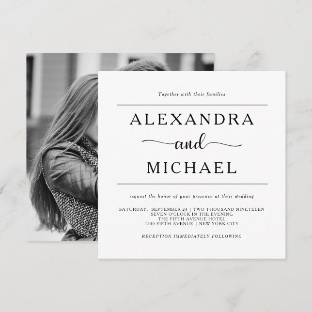 Simple Elegance | Black and White Photo Wedding Invitation (Front/Back)