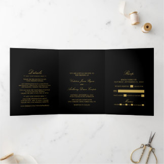 Simple Elegance Black & Gold Wedding Suite Tri-Fold Invitation