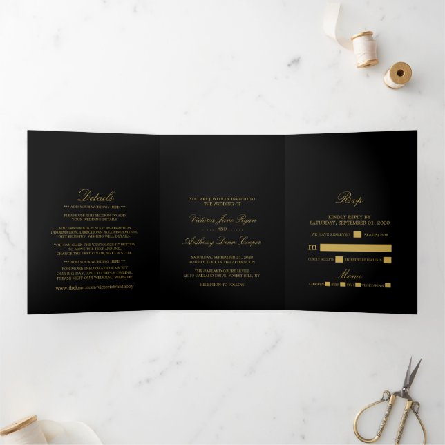 Simple Elegance Black & Gold Wedding Suite Tri-Fold Invitation (Inside)