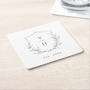 Simple elegance botanical crest monogram wedding square paper coaster