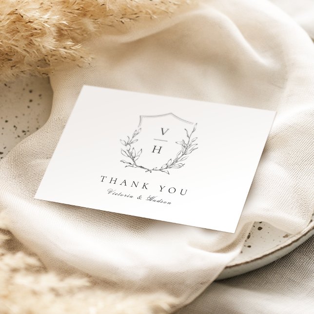 Simple elegance botanical crest monogram wedding thank you card (Simple elegance botanical crest monogram wedding thank you card)