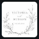 Simple elegance botanical wreath wedding square sticker<br><div class="desc">Rustic hand illustrated botanical leaves wreath in black and white,  simple and elegant,  great wedding favour stickers for summer boho rustic wedding,  spring botanical garden wedding. 
See all the matching pieces in collection</div>
