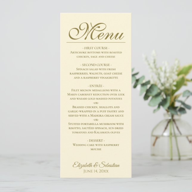 Simple Elegance Gold & Ivory Cream Wedding Menu (Standing Front)