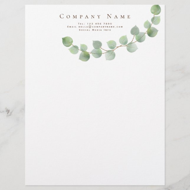 Simple Elegance Green Eucalyptus Company Details Custom Letterhead (Front)