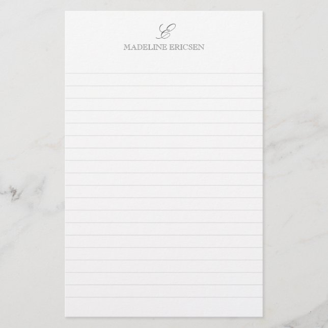 Simple Elegance Grey White Monogram Lined Stationery (Front)