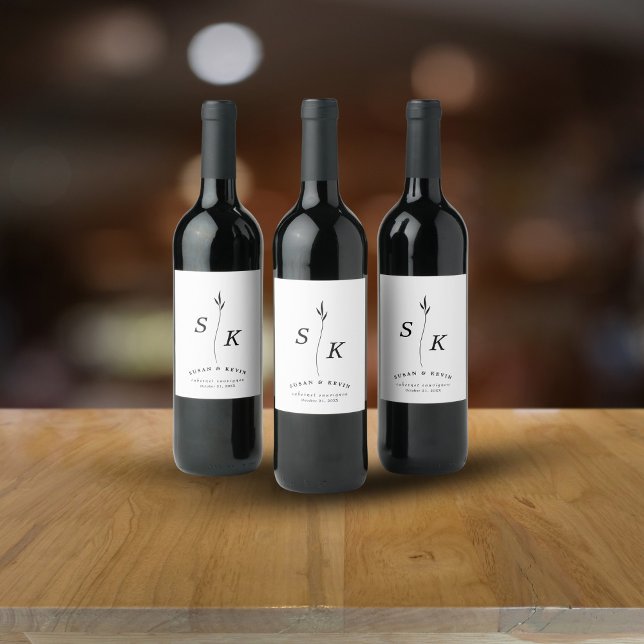 Simple Elegance Leaf Monogram Chic Wedding Wine Label (Creator Uploaded)