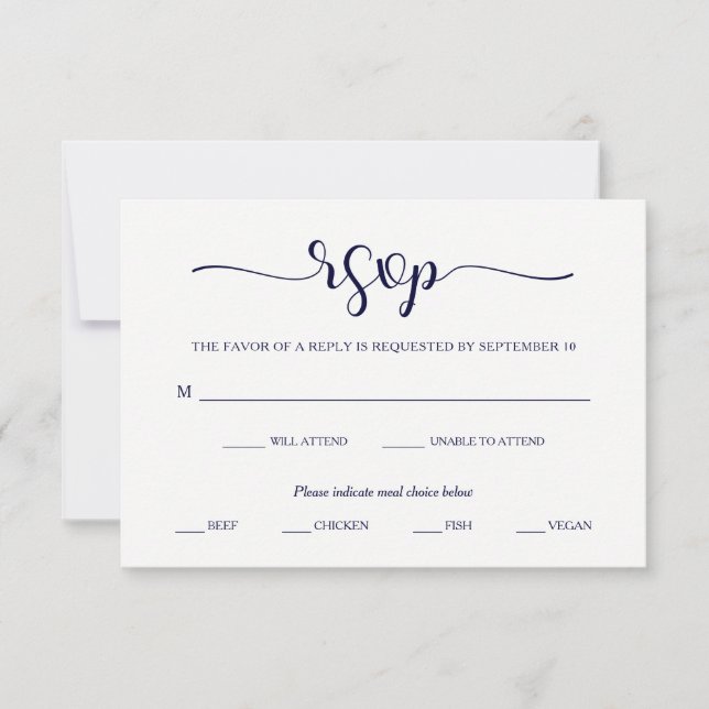 Simple Elegance | Minimal Navy Blue and White RSVP (Front)
